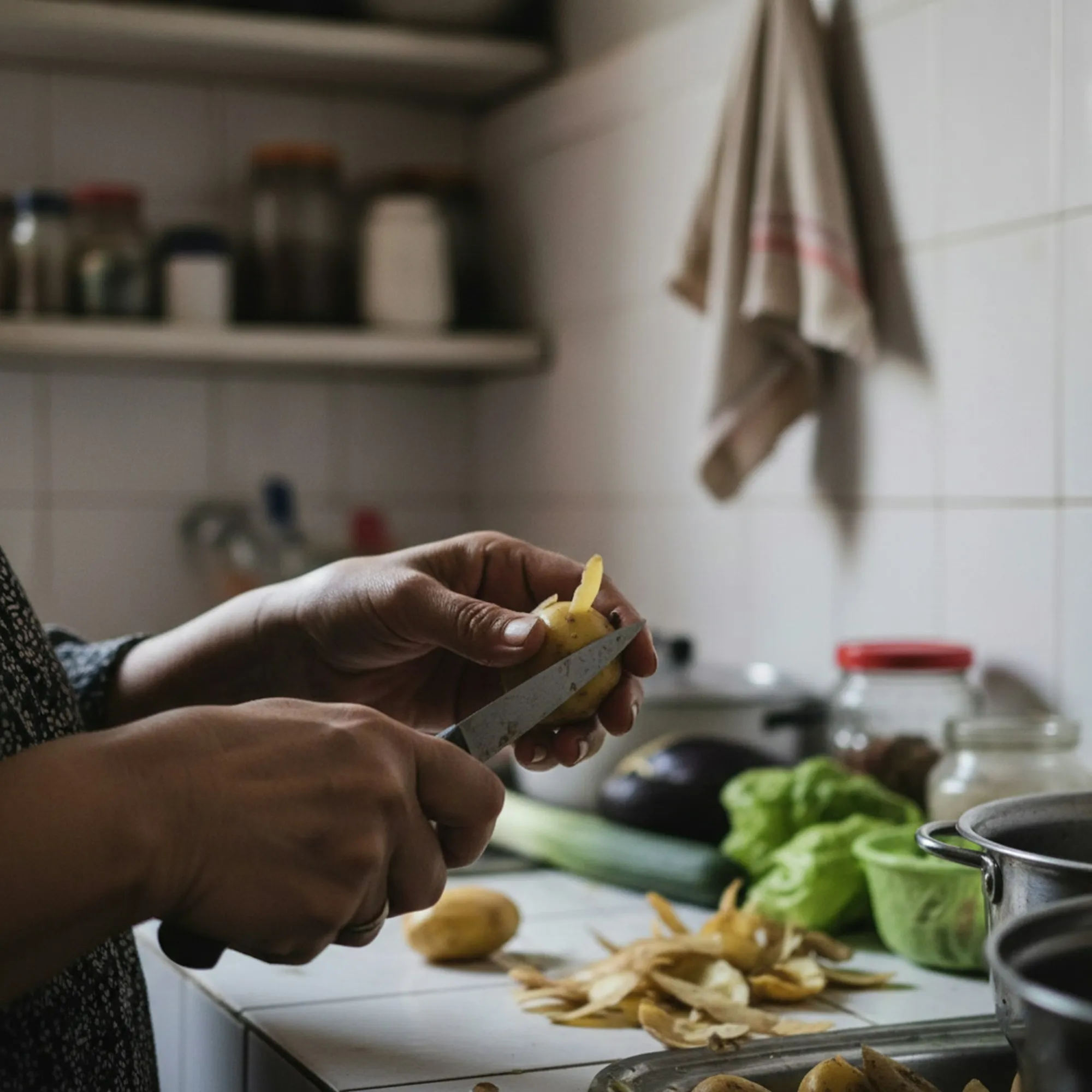 Mãos descascando batatas numa cozinha